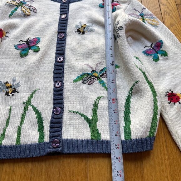 Vintage Talbots Size PS White Cotton Silk Blend Butterfly Ladybug Knit Cardigan - Picture 6 of 16
